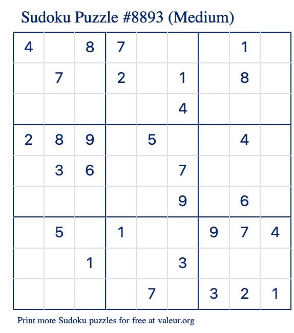 Free Printable Medium Sudoku Puzzle number 8893