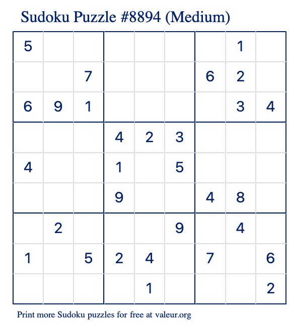 Free Printable Medium Sudoku Puzzle number 8894