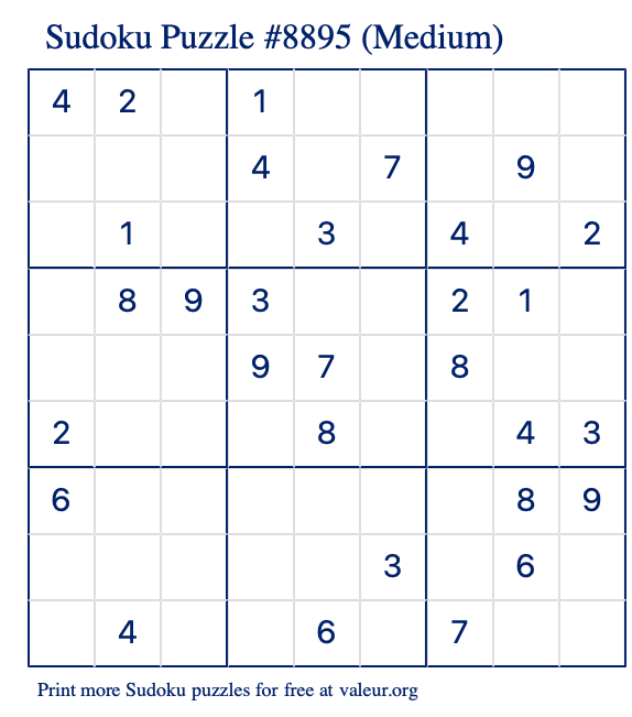 Free Printable Medium Sudoku Puzzle number 8895