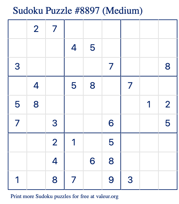 Free Printable Medium Sudoku Puzzle number 8897