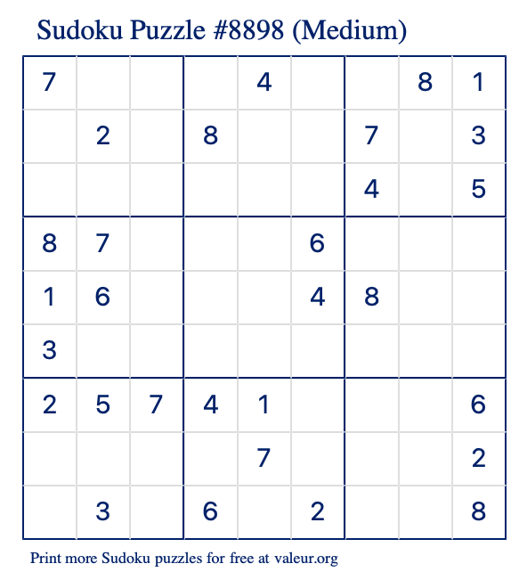 Free Printable Medium Sudoku Puzzle number 8898