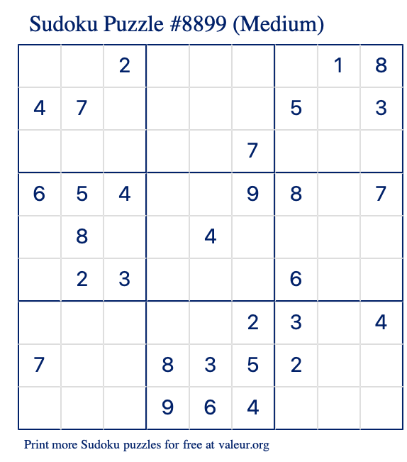 Free Printable Medium Sudoku Puzzle number 8899