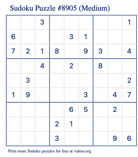 Free Printable Medium Sudoku Puzzle number 8905