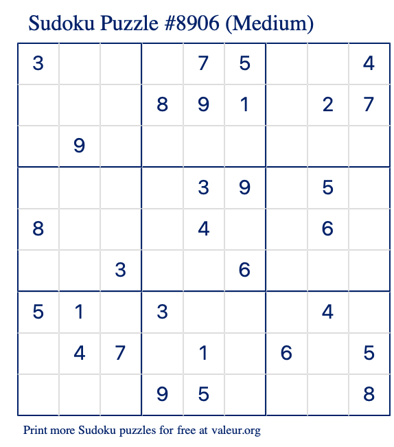 Free Printable Medium Sudoku Puzzle number 8906