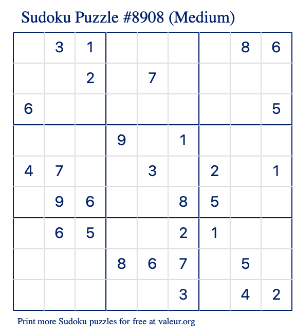 Free Printable Medium Sudoku Puzzle number 8908