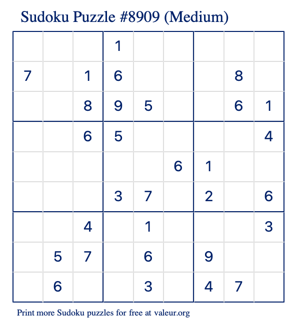 Free Printable Medium Sudoku Puzzle number 8909