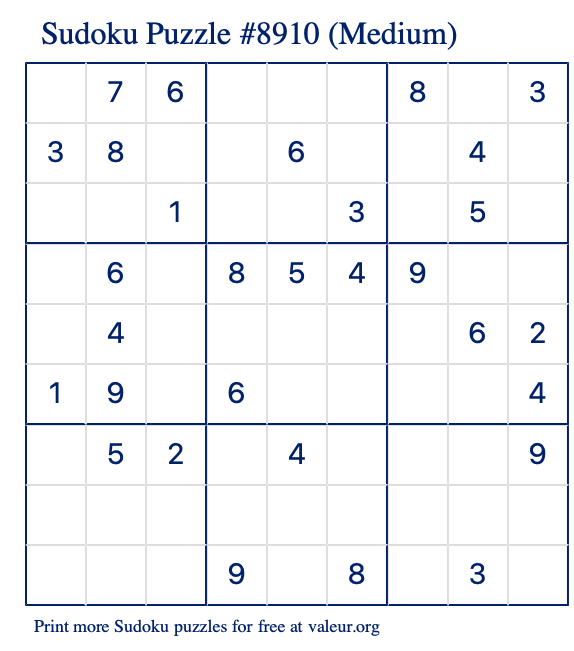 Free Printable Medium Sudoku Puzzle number 8910