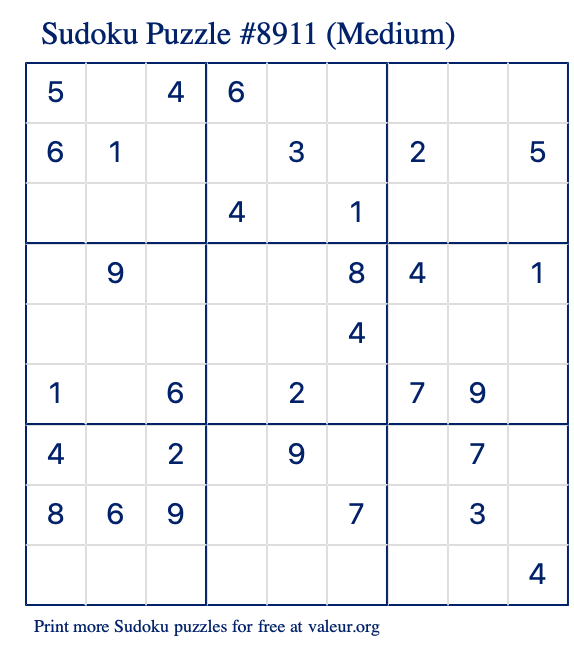 Free Printable Medium Sudoku Puzzle number 8911