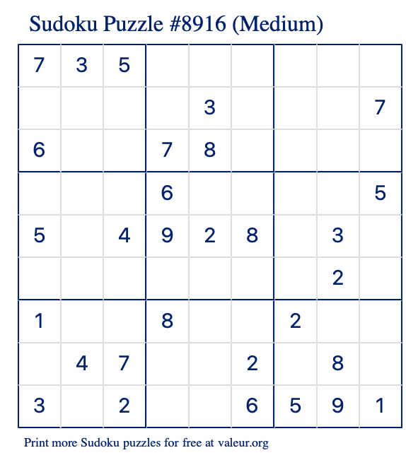 Free Printable Medium Sudoku Puzzle number 8916