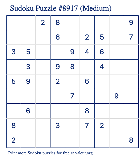 Free Printable Medium Sudoku Puzzle number 8917