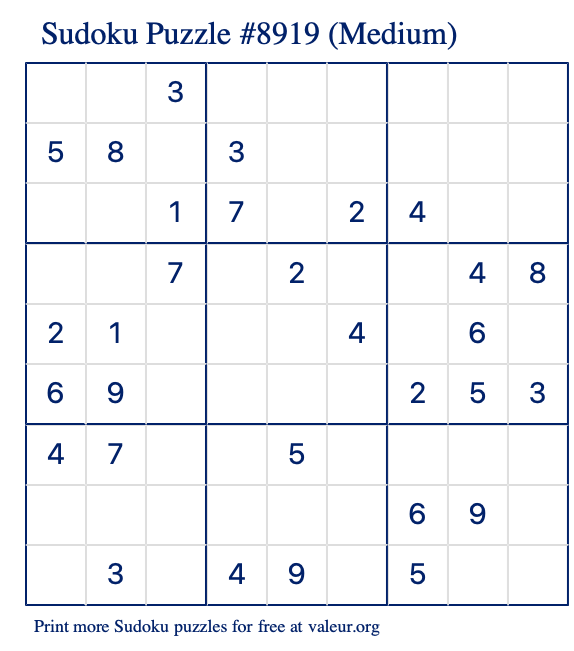 Free Printable Medium Sudoku Puzzle number 8919