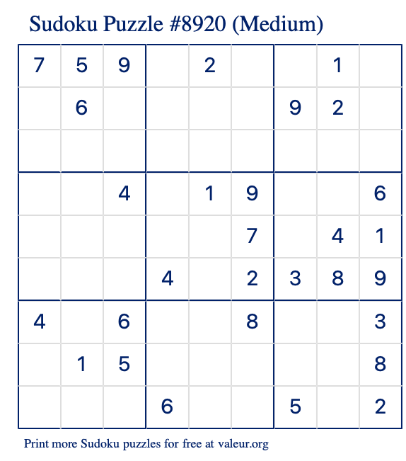 Free Printable Medium Sudoku Puzzle number 8920