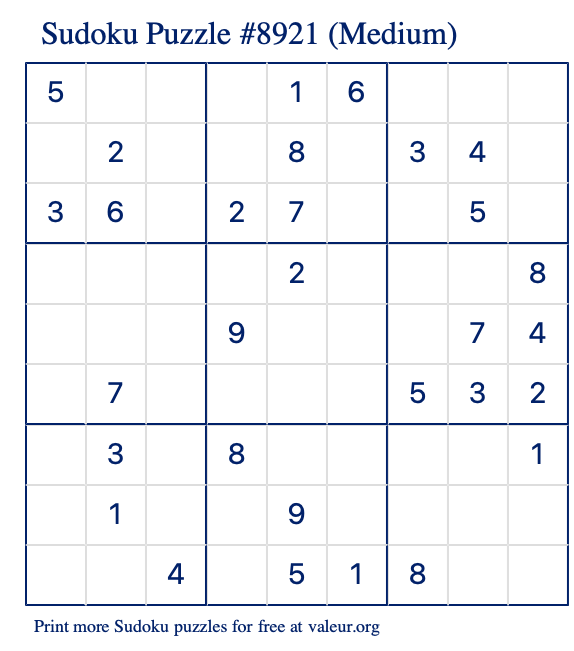 Free Printable Medium Sudoku Puzzle number 8921