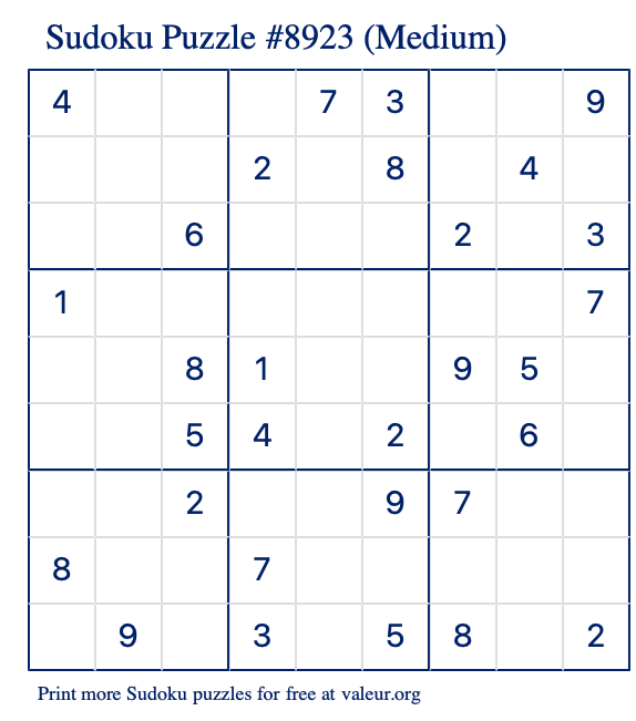 Free Printable Medium Sudoku Puzzle number 8923