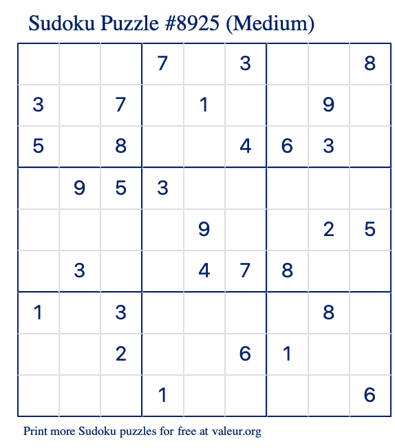 Free Printable Medium Sudoku Puzzle number 8925