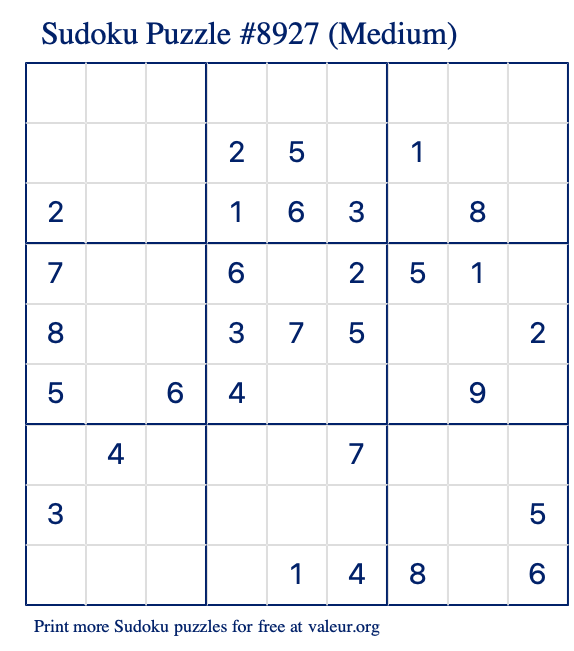Free Printable Medium Sudoku Puzzle number 8927
