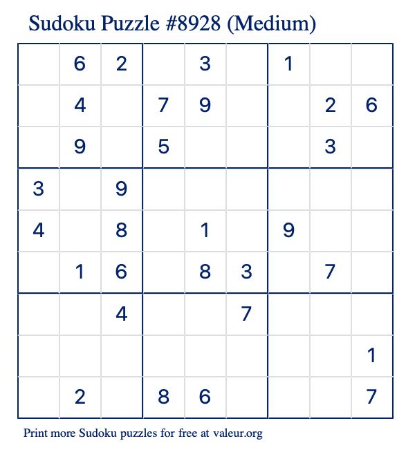 Free Printable Medium Sudoku Puzzle number 8928