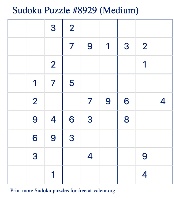 Free Printable Medium Sudoku Puzzle number 8929