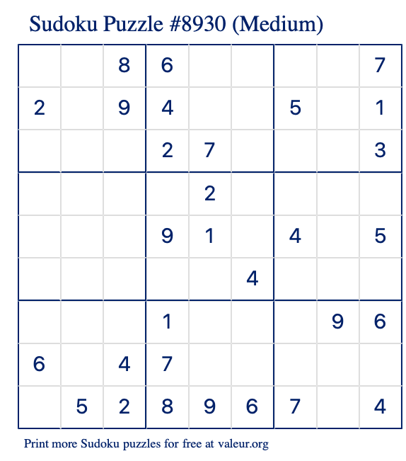 Free Printable Medium Sudoku Puzzle number 8930