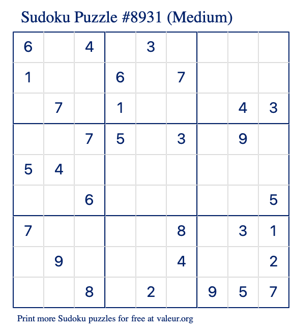 Free Printable Medium Sudoku Puzzle number 8931