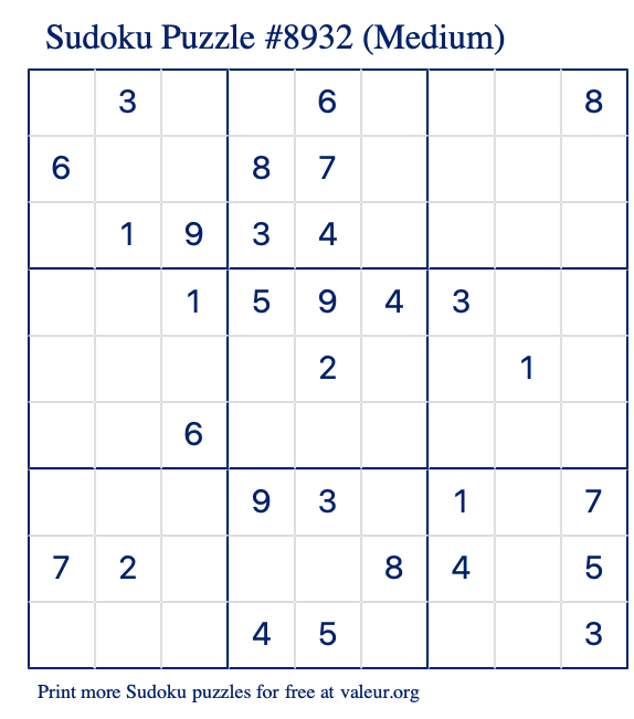 Free Printable Medium Sudoku Puzzle number 8932
