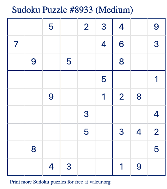 Free Printable Medium Sudoku Puzzle number 8933