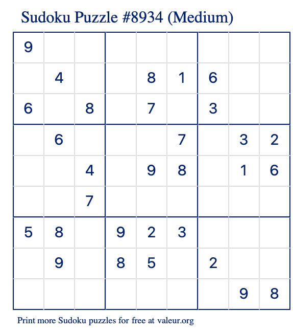 Free Printable Medium Sudoku Puzzle number 8934