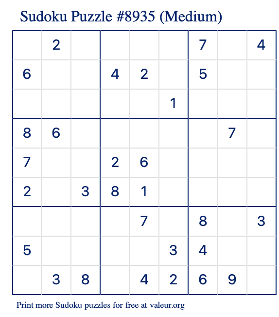 Free Printable Medium Sudoku Puzzle number 8935
