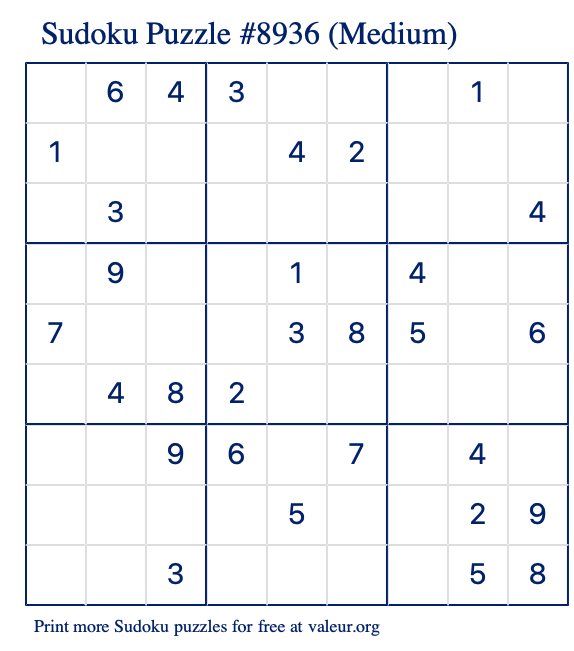 Free Printable Medium Sudoku Puzzle number 8936