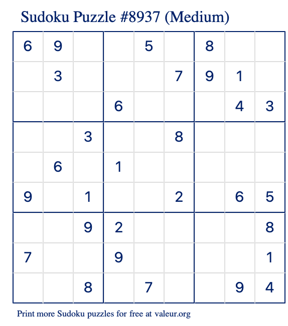 Free Printable Medium Sudoku Puzzle number 8937