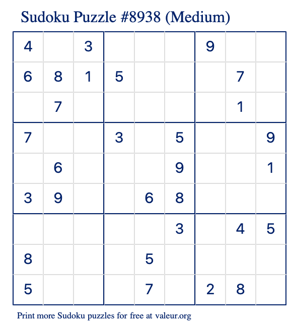 Free Printable Medium Sudoku Puzzle number 8938