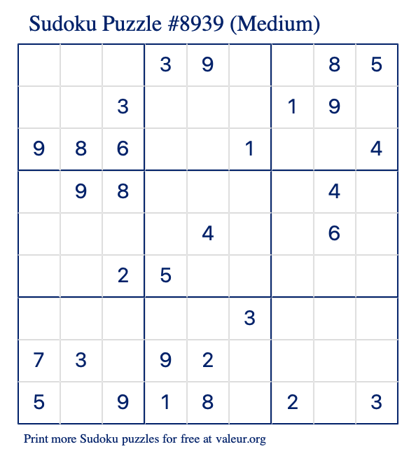 Free Printable Medium Sudoku Puzzle number 8939