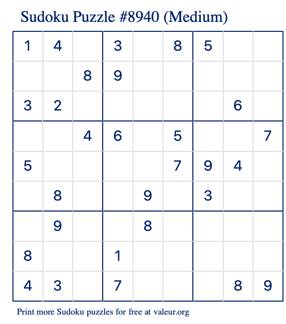 Free Printable Medium Sudoku Puzzle number 8940