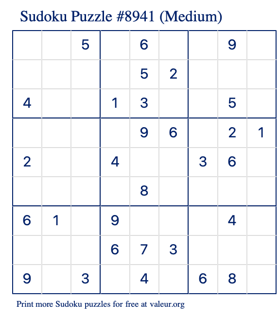 Free Printable Medium Sudoku Puzzle number 8941