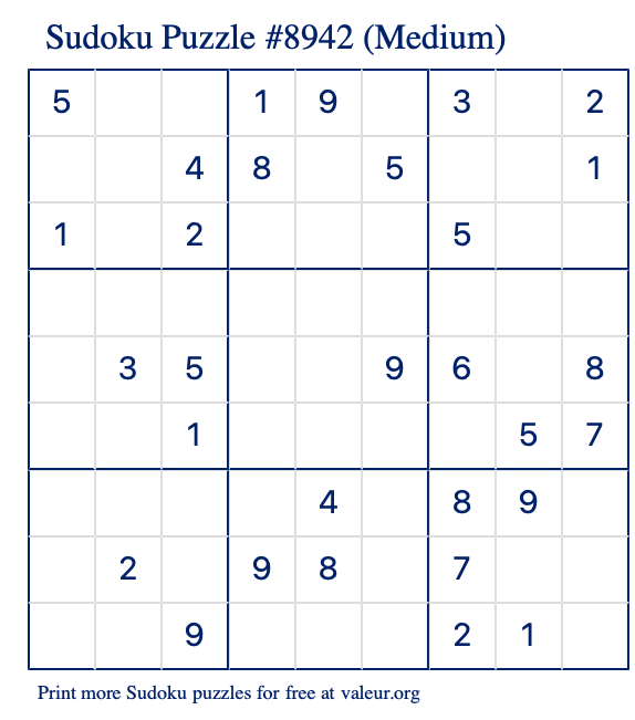 Free Printable Medium Sudoku Puzzle number 8942