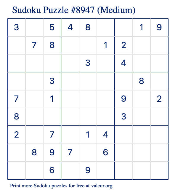 Free Printable Medium Sudoku Puzzle number 8947