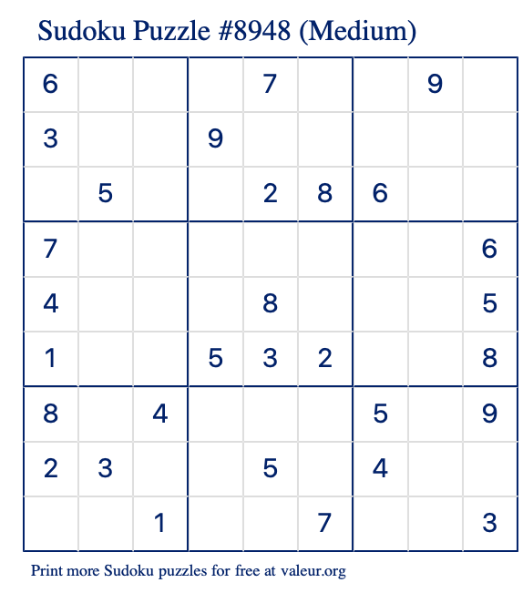 Free Printable Medium Sudoku Puzzle number 8948
