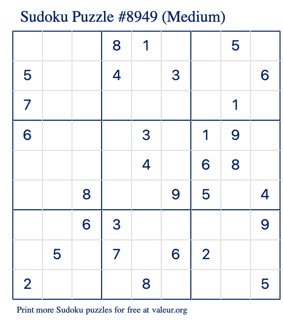Free Printable Medium Sudoku Puzzle number 8949