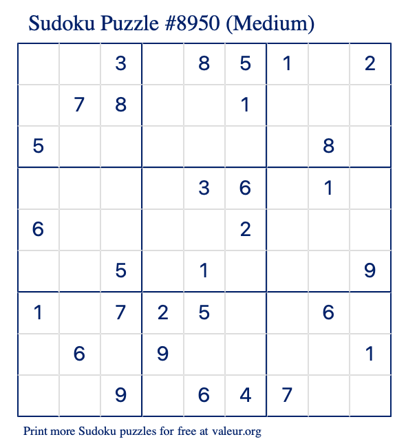 Free Printable Medium Sudoku Puzzle number 8950
