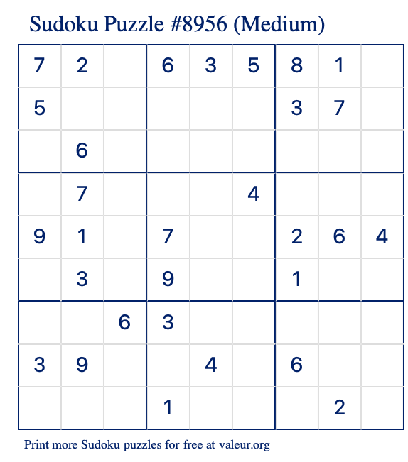 Free Printable Medium Sudoku Puzzle number 8956