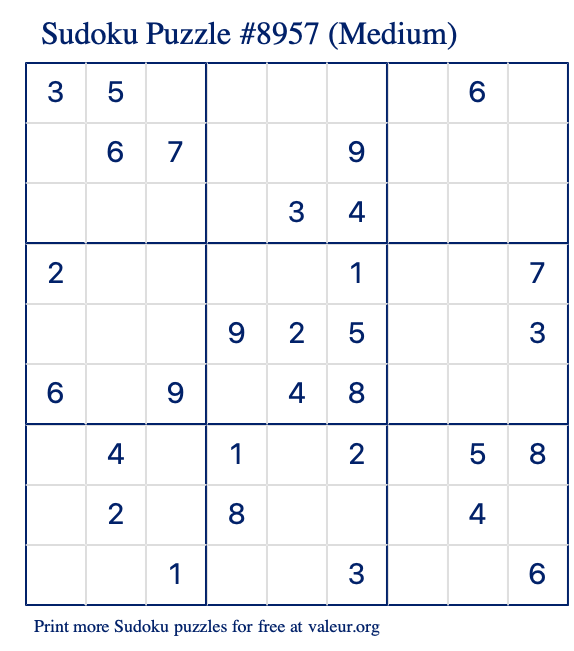 Free Printable Medium Sudoku Puzzle number 8957