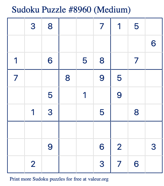 Free Printable Medium Sudoku Puzzle number 8960