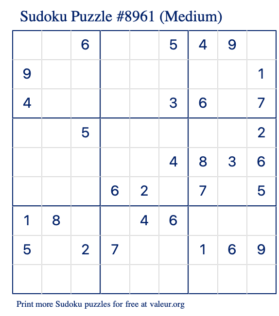 Free Printable Medium Sudoku Puzzle number 8961