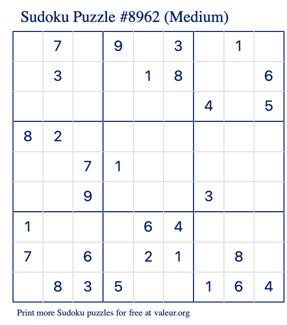 Free Printable Medium Sudoku Puzzle number 8962