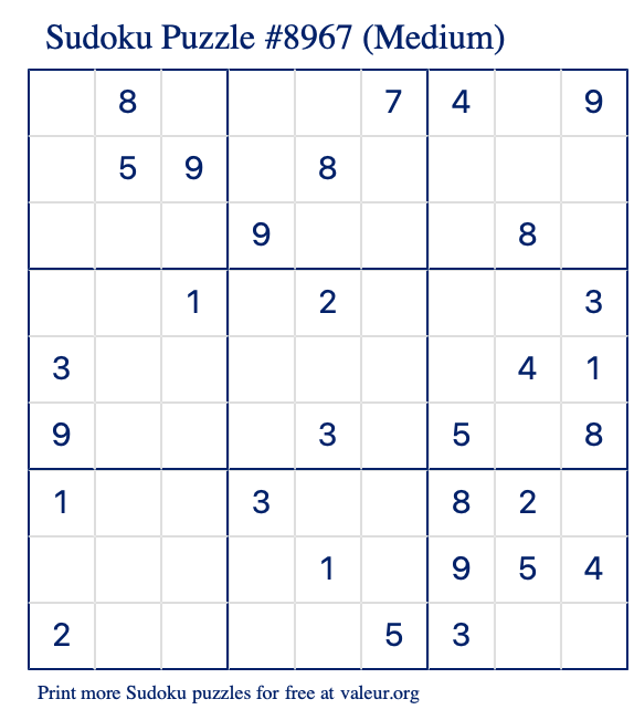 Free Printable Medium Sudoku Puzzle number 8967