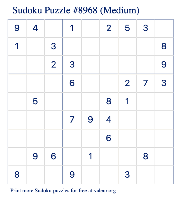 Free Printable Medium Sudoku Puzzle number 8968