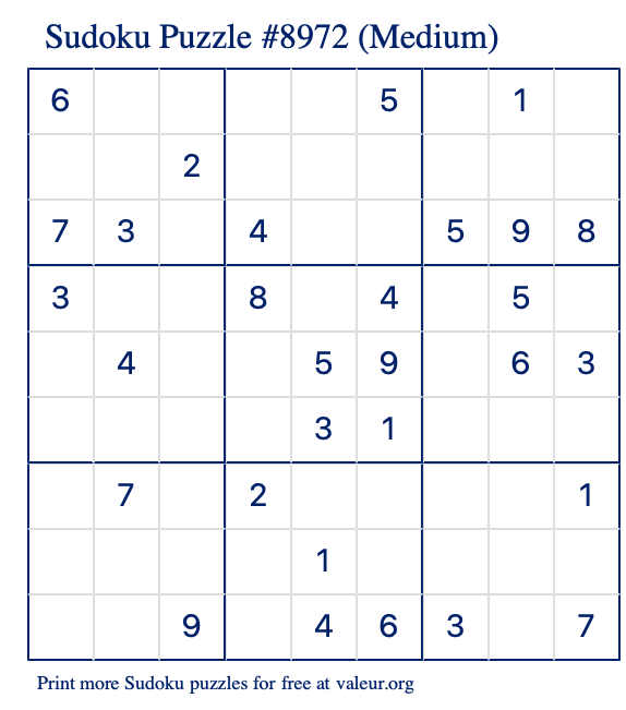 Free Printable Medium Sudoku Puzzle number 8972