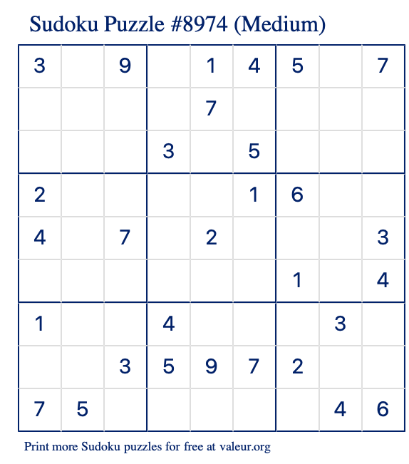 Free Printable Medium Sudoku Puzzle number 8974
