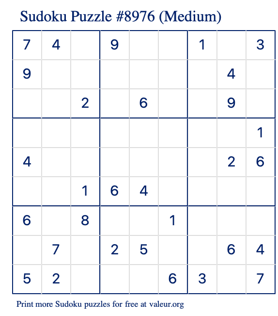 Free Printable Medium Sudoku Puzzle number 8976