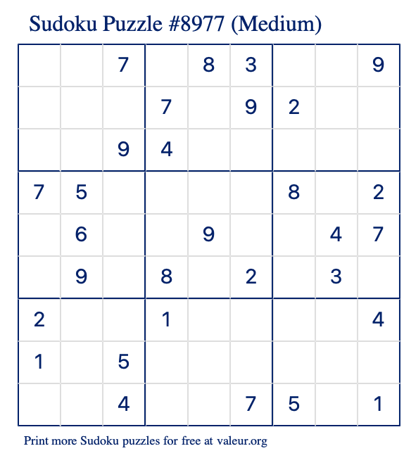 Free Printable Medium Sudoku Puzzle number 8977